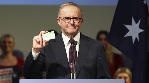 Prime Minister Anthony Albanese at Labor's Building Australia's Future campaign rally at the State Library of Queensland, in Brisbane, Queensland, on Sunday 6 April 2025, during the 2025 federal election campaign.
