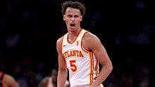 Dyson Daniels of the Atlanta Hawks celebrates a shot during the second half of the quarterfinal game of the Emirates NBA Cup 