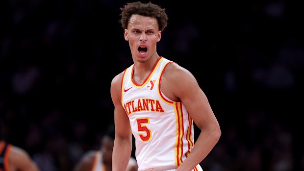Dyson Daniels #5 of the Atlanta Hawks celebrates a shot during the second half of the quarterfinal game of the Emirates NBA Cup at Madison Square Garden