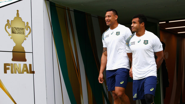 Australia's Israel Folau and Will Genia share a joke ahead of the 2015 Rugby World Cup final.