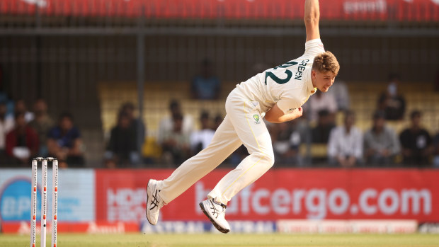 Cameron Green of Australia bowls during day one of the Third Test match in the series between India and Australia at Holkare Cricket Stadium on March 01, 2023 in Indore, India. (Photo by Robert Cianflone/Getty Images)