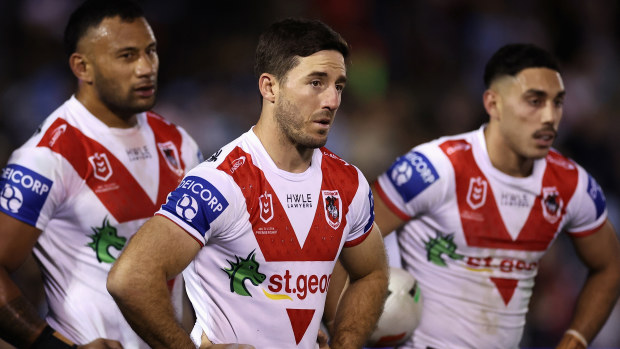 Ben Hunt of the Dragons and team mates look dejected after a Sharks try during the round 18 NRL match between Cronulla Sharks and St George Illawarra Dragons at PointsBet Stadium on June 29, 2023 in Sydney, Australia. (Photo by Cameron Spencer/Getty Images)