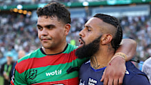 SYDNEY, AUSTRALIA - MARCH 29: Latrell Mitchell of the Rabbitohs and Josh Addo-Carr of the Bulldogs embrace following the round four NRL match between South Sydney Rabbitohs and Canterbury Bulldogs at Accor Stadium, on March 29, 2024, in Sydney, Australia. (Photo by Cameron Spencer/Getty Images)