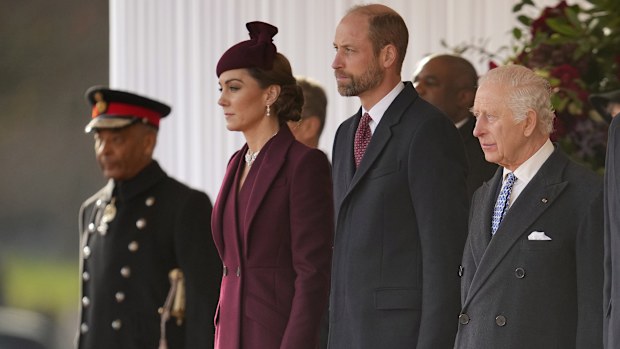 Kate, Princess of Wales, Prince William and King Charles III, from left, welcome the Emir of the State of Qatar Sheikh Tamim bin Hamad Al Thani, second right, and Sheikha Jawaher bint Hamad bin Suhaim Al Thani