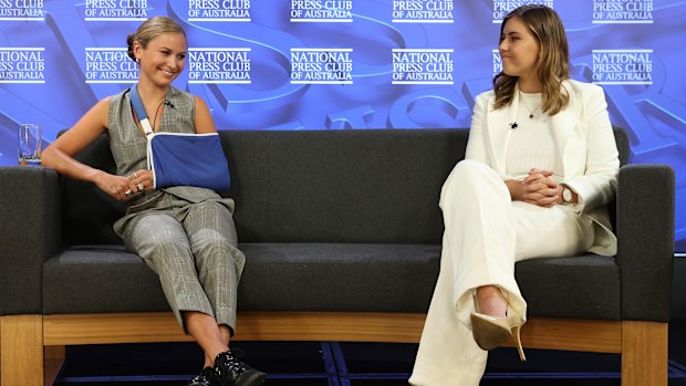 Advocates for survivors of sexual assault and abuse, Grace Tame and Brittany Higgins, during their address to the National Press Club of Australia in Canberra on Wednesday 9 February 2022. fedpol Photo: Alex Ellinghausen