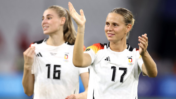 Klara Buehl #17 of Team Germany celebrates victory after the Women's Quarterfinal match between Canada and Germany during the Olympic Games Paris 2024 at Stade de Marseille on August 03, 2024 in Marseille, France. (Photo by Alex Livesey/Getty Images)