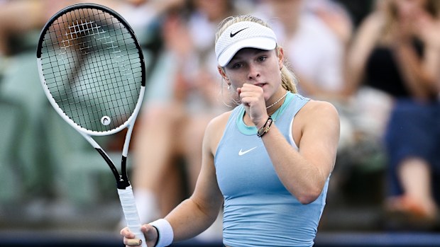 Emerson Jones of Australia celebrates a point in her match against Xinyu Wang of China during day one of the 2025 Adelaide International at Memorial Drive on January 06, 2025 in Adelaide, Australia. (Photo by Mark Brake/Getty Images)