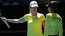 Australia's Fed Cup captain Alicia Molik talks to Ajla Tomljanovic.