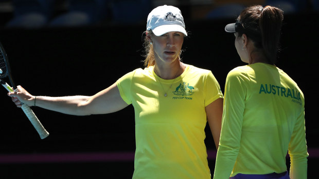 Australia's Fed Cup captain Alicia Molik talks to Ajla Tomljanovic.