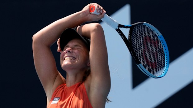 Maddison Inglis of Australia reacts after defeating Leylah Fernandez of Canada.