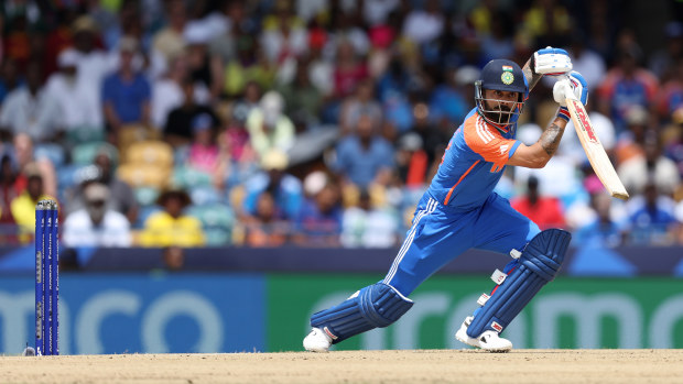 Virat Kohli of India plays a shot during the ICC Men's T20 Cricket World Cup West Indies & USA 2024 Final match between South Africa and India at Kensington Oval on June 29, 2024 in Bridgetown, Barbados. (Photo by Matthew Lewis-ICC/ICC via Getty Images)