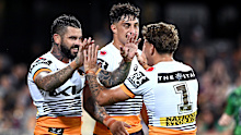 Broncos star Adam Reynolds is congratulated by teammates after scoring a try against the Eels in round eight.