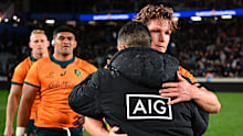 Michael Hooper of the Wallabies congratulates Aaron Smith of the All Blacks.
