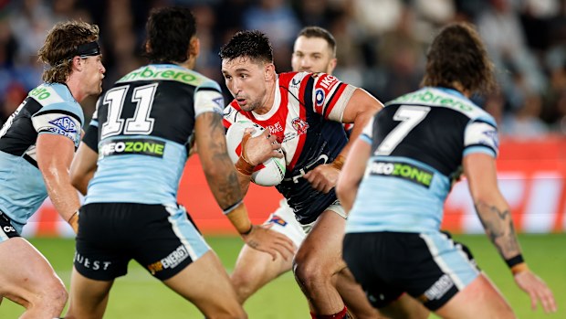 Victor Radley carries the ball up in his 150th NRL game.