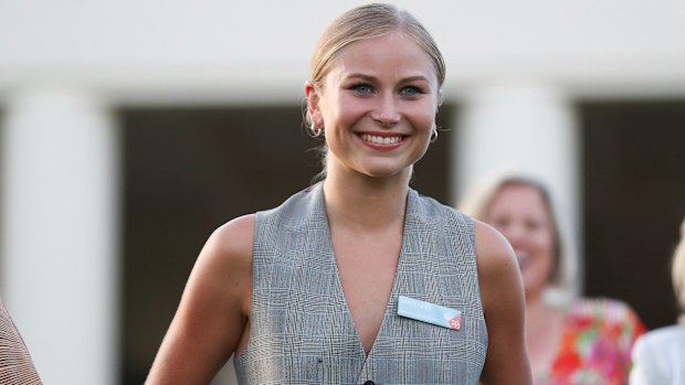 2021 Australian of the Year Grace Tame during the 2022 Australian of the Year awards reception at Government House in Canberra on Monday 24 January 2022. fedpol Photo: Alex Ellinghausen