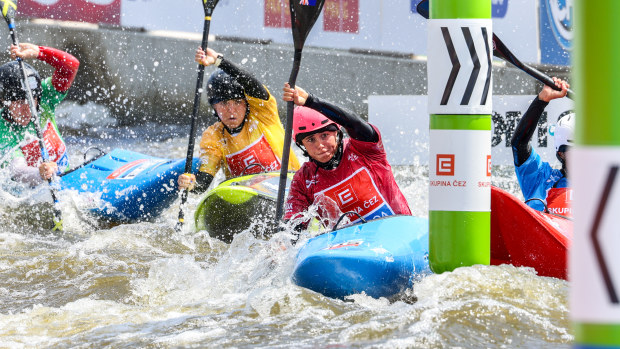 Noemie Fox (red) booked her spot in the Paris Olympics after securing a quota position in the kayak cross discipline by winning silver in the final world cup meeting before the Games in Prague.