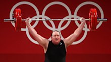 Transgender weightlifter Laurel Hubbard competing at the 2021 Tokyo Olympics.
