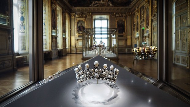 Empress Eugenie s diadem of pearls exhibited in the Apollo s Galery housing the royal collection of gems and diamonds from the French crown in Paris on May 20, 2021.