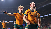 Max Jorgensen of Australia celebrates scoring.