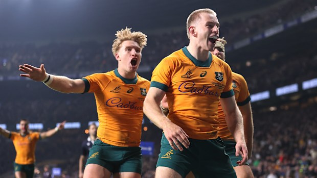 Max Jorgensen of Australia celebrates scoring.