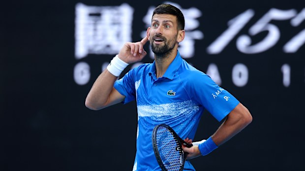 Novak Djokovic of Serbia reacts against Tomas Machac of the Czech Republic.