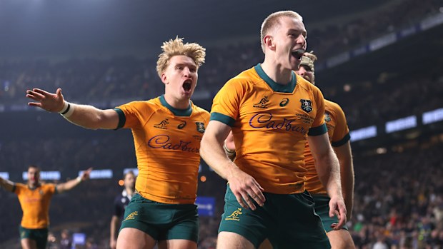 Max Jorgensen of Australia celebrates scoring.