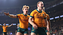 Max Jorgensen of Australia celebrates scoring.
