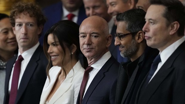 Mark Zuckerberg, Jeff Bezos, Sundar Pichai and Elon Musk aka a broligarchy, arrive before the 60th Presidential Inauguration.