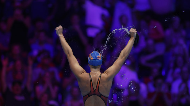 Katie Ledecky of the United States reacts after the Women's 400m freestyle final on Day One of the 2024 U.S. Olympic Team Swimming Trials at Lucas Oil Stadium on June 15, 2024 in Indianapolis, Indiana. (Photo by Sarah Stier/Getty Images)