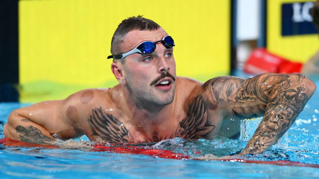 Kyle Chalmers of Team Australia reacts after competing in the Men's 50m Butterfly Heats on day one of the Birmingham 2022 Commonwealth Games at Sandwell Aquatics Centre on July 29, 2022 on the Smethwick, England. (Photo by Quinn Rooney/Getty Images)