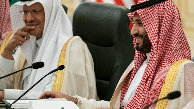 Saudi Crown Prince Mohammed bin Salman smiles as he meets with President Joe Biden at the Al Salman Royal Palace, Friday, July 15, 2022, in Jeddah. (AP Photo/Evan Vucci)