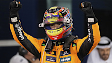 McLaren driver Oscar Piastri of Australia celebrates winning the the Formula One Bahrain Grand Prix.