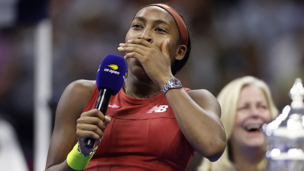 Coco Gauff of the United States is interviewed after defeating Aryna Sabalenka of Belarus in their Women's Singles Final match on Day Thirteen of the 2023 US Open at the USTA Billie Jean King National Tennis Center on September 09, 2023 in the Flushing neighborhood of the Queens borough of New York City. (Photo by Sarah Stier/Getty Images)