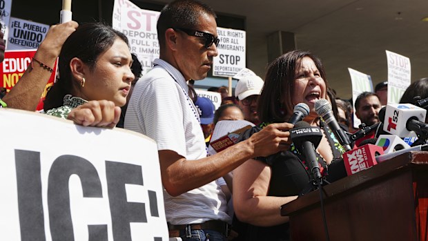 Angelica Salas, of The Coalition for Humane Immigrant Rights, speaks outside of the Federal Building.