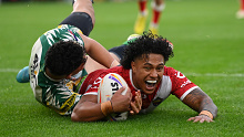 Cropped: Tesi Niu of Tonga goes over to score their sides tenth try during Rugby League World Cup 2021 Pool D match between Tonga and Cook Islands at Riverside Stadium on October 30, 2022 in Middlesbrough, England. (Photo by Stu Forster/Getty Images)
