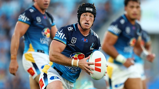 Sam Verrills of the Titans looks to pass the ball during the round four NRL match between Gold Coast Titans and St George Illawarra Dragons at Cbus Super Stadium, on March 29, 2026, in Gold Coast, Australia. (Photo by Chris Hyde/Getty Images)