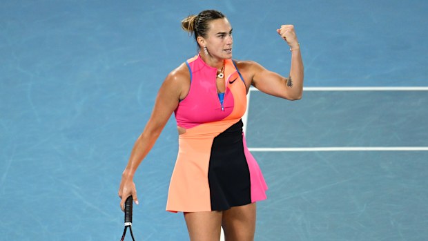 Aryna Sabalenka celebrates a point in the Women's Singles Final against Elena Rybakina of Kazakhstan during day 14 of the 2026 Australian Open at Melbourne Park on January 31, 2026 in Melbourne, Australia. (Photo by Quinn Rooney/Getty Images)