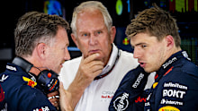 Left to right: Christian Horner, Helmut Marko and Max Verstappen.