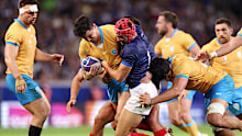 Baltazar Amaya of Uruguay is challenged by Louis Bielle-Biarrey of France.