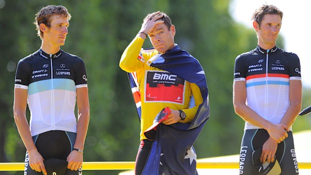 Andy and Frank Schleck shared the podium with Cadel Evans in 2011. 