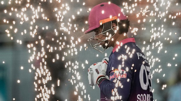 Rajasthan Royals' Vaibhav Sooryavanshi gestures as he steps on to the field to bat during the Indian Premier League cricket match between Rajasthan Royals and Sunrisers Hyderabad in New Chandigarh, India, Wednesday, May 27, 2026. (AP Photo/Ashwini Bhatia)