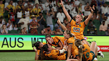 Australia celebrate winning at HBF Park.