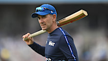 Justin Langer of London Spirit looks on before in the The Hundred tournament.