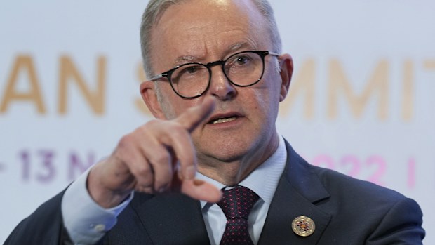 Australia's Prime Minister Anthony Albanese speaks during a press conference after the ASEAN closing ceremony in Phnom Penh, Cambodia.