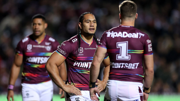 Martin Taupau talks to Reuben Garrick during the Sea Eagles' round 20 against the Roosters.