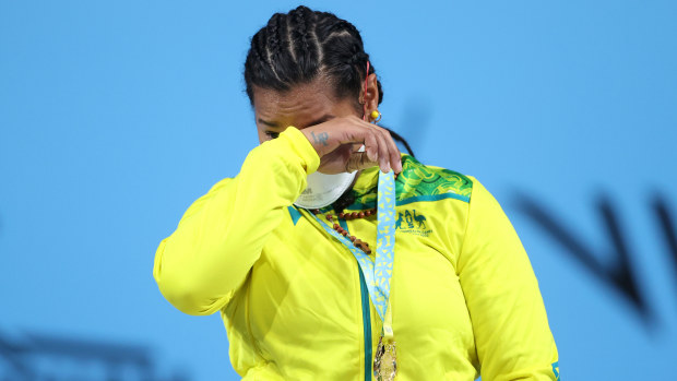 Eileen Cikamatana of Team Australia breaks down crying after winning gold in the women's 87kg weightlifting at the Birmingham 2022 Commonwealth Games.