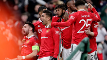 MANCHESTER, UNITED KINGDOM - FEBRUARY 23:  Fred of Manchester United celebrates 1-1 with Bruno Fernandes of Manchester United, Marcus Rashford of Manchester United, Casemiro of Manchester United, Fred of Manchester United, Aaron Wan Bissaka of Manchester United, Jadon Sancho of Manchester United, Antony of Manchester United  during the UEFA Europa League   match between Manchester United v FC Barcelona at the Old Trafford on February 23, 2023 in Manchester United Kingdom (Photo by David S. Busta