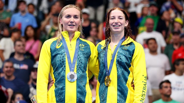 Silver medallist Ariarne Titmus (left) and gold medallist Mollie O'Callaghan after the 200m freestyle final at the Paris 2024 Olympics.