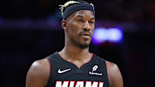 MIAMI, FLORIDA - JANUARY 19: Jimmy Butler #22 of the Miami Heat looks on against the San Antonio Spurs during the second quarter of the game at Kaseya Center on January 19, 2025 in Miami, Florida. NOTE TO USER: User expressly acknowledges and agrees that, by downloading and or using this photograph, User is consenting to the terms and conditions of the Getty Images License Agreement. (Photo by Megan Briggs/Getty Images)