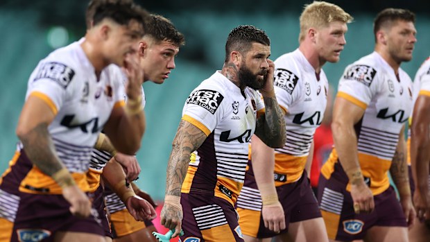 Adam Reynolds looks on after the Broncos conceded a try during their round 21 match against the Sydney Roosters.